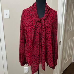 Chico’s Women Blouse Sz 3(16-18) Red/Black Chiffon Balloon Sleeves Holidays